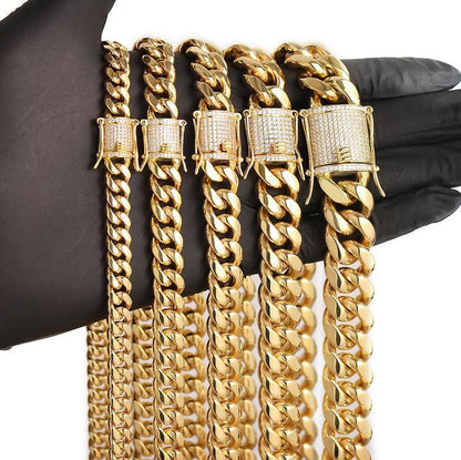 18K Gold Plated Iced Out Clasp Miami Cuban Link Chain Necklace For Men 8-18MM TRIPOD JEWELRY