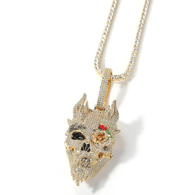 Iced Out Diamond Rose Skull Pendant