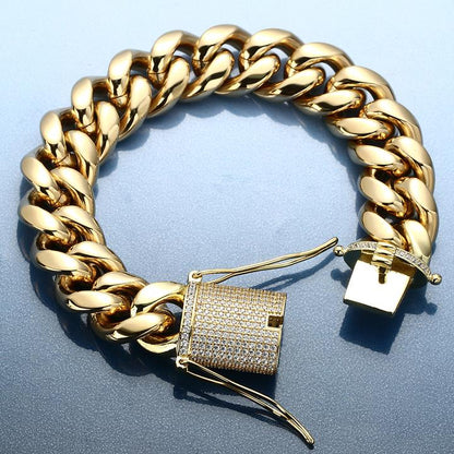18K Gold Plated Solid Stainless Steel Iced Out Miami Cuban Link Bracelet For Men TRIPOD JEWELRY