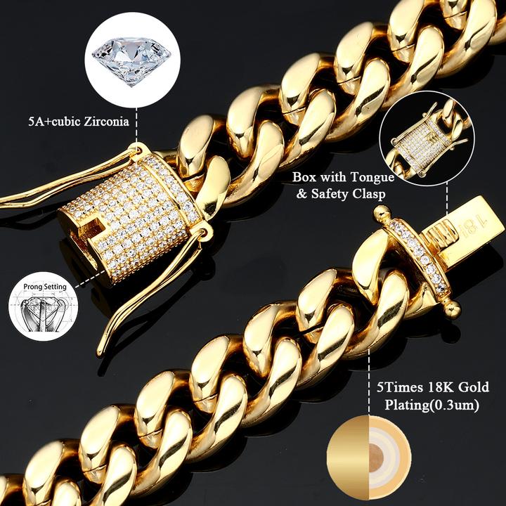 18K Gold Plated Solid Stainless Steel Iced Out Miami Cuban Link Bracelet For Men TRIPOD JEWELRY