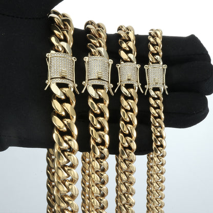 18MM 14K Gold Plated  Stainless Steel Iced Out Miami Cuban Link Chain Necklace