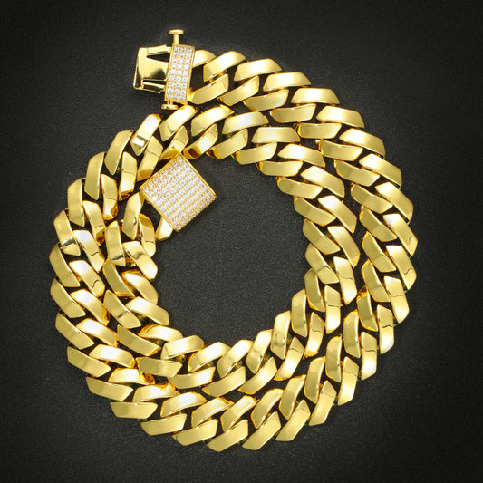 15MM 18K Mens  Gold Plated Miami Cuban Link Chain