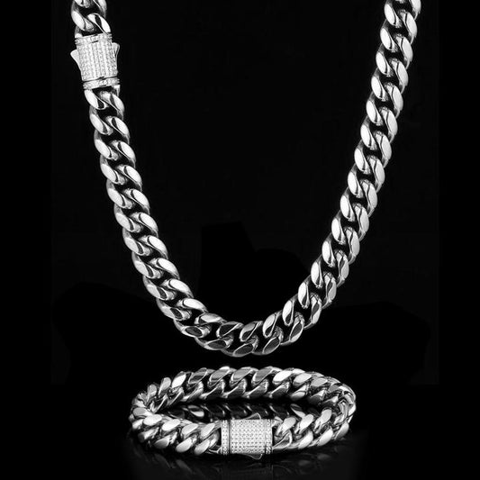 12MM White Gold Plated Iced Out Clasp Miami Cuban Link Chain And Bracelet Set