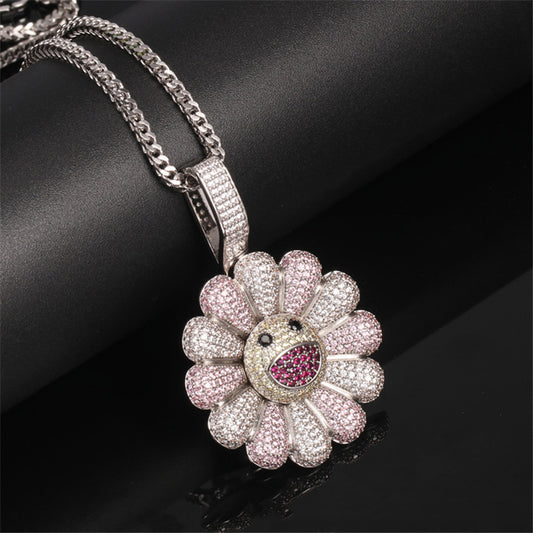 White Gold Plated Iced Out Sunflower Pendant