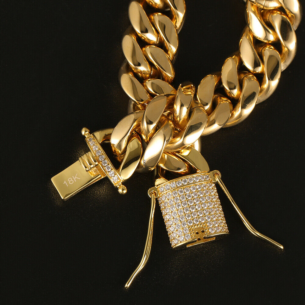 18K Gold Plated Solid Stainless Steel Iced Out Miami Cuban Link Bracelet For Men TRIPOD JEWELRY