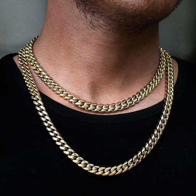 14K Gold Plated Iced Out Clasp Mens Miami Cuban Link Chain Necklace Stainless Steel 6-14MM Tripodjewelry