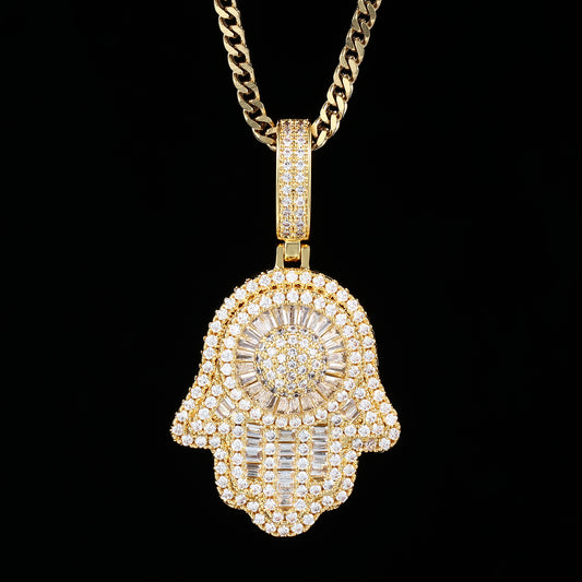 18K Gold Baguette Iced Out Hamsa Hand Pendant