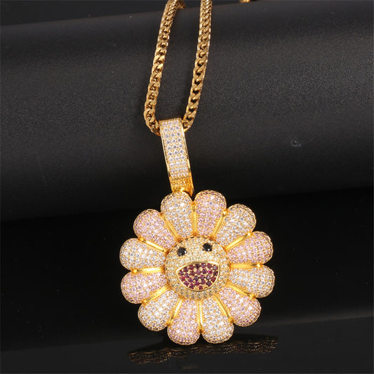 18K Gold Plated Iced Out Sunflower Pendant