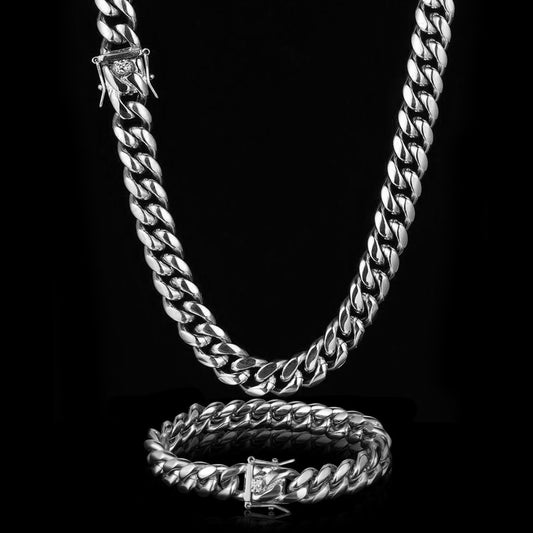 12MM White Gold Plated Miami Cuban Link Chain And Bracelet Set