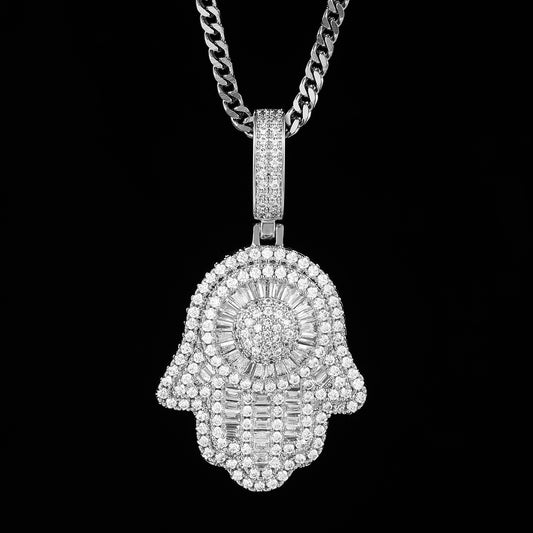 White Gold Baguette Iced Out Hamsa Hand Pendant