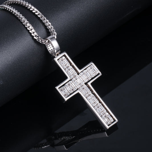 White Gold Iced 2 Sides Cross Pendant