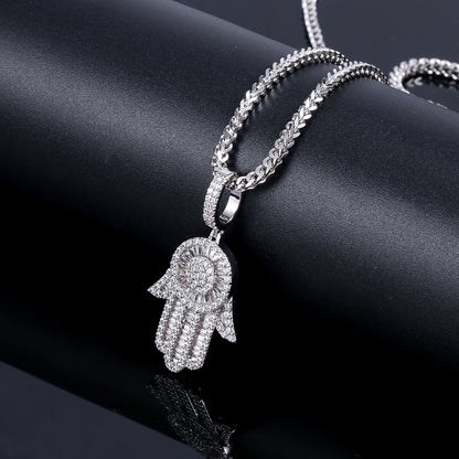 925 Silver Baguette Iced Out Hamsa Hand Pendant