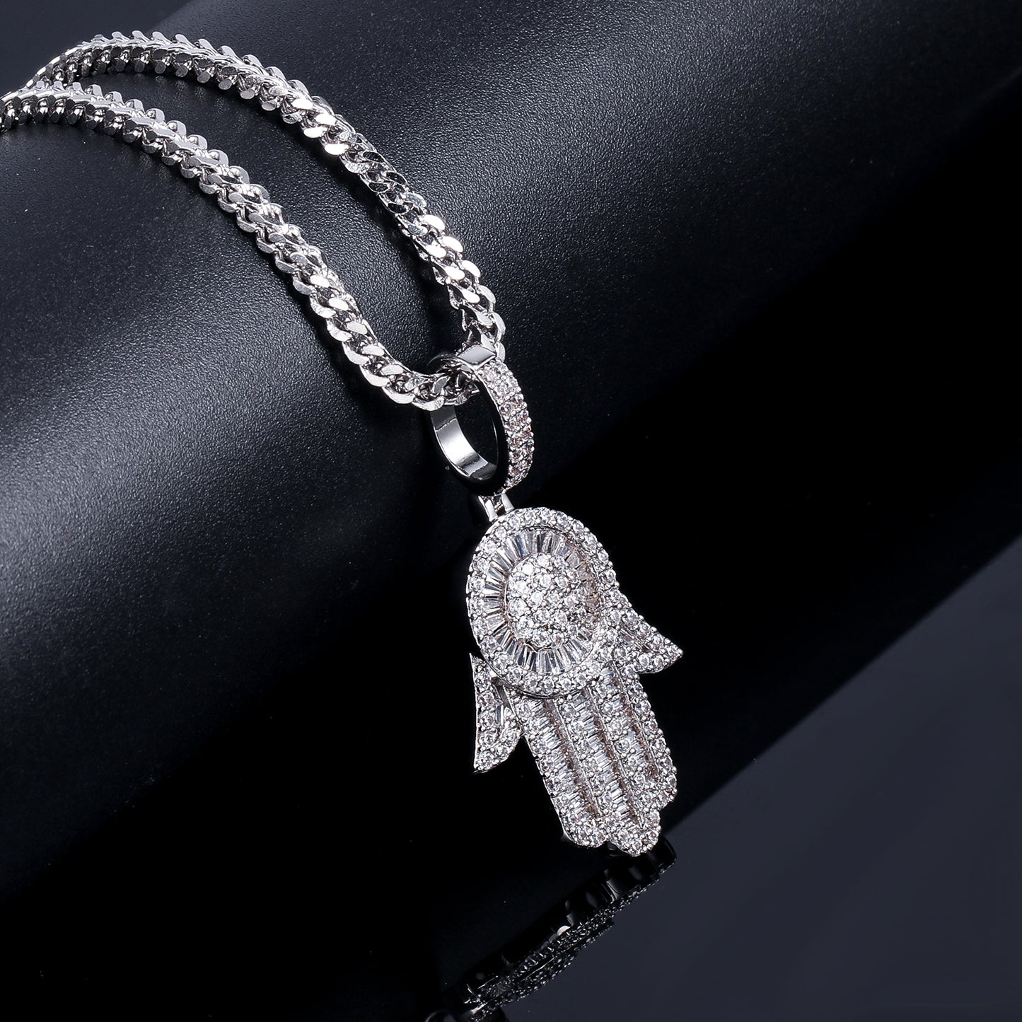 925 Silver Baguette Iced Out Hamsa Hand Pendant