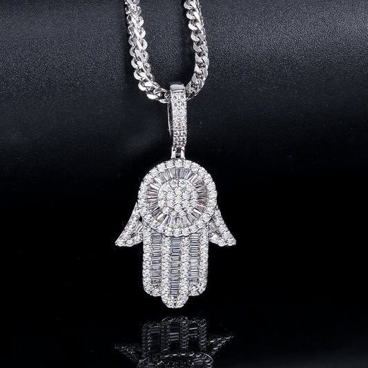 White Gold Baguette Iced Out Hamsa Hand Pendant