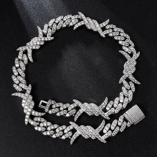 Iced Out Cuban Link Chain White Gold Plated Barb Wire Necklace 18MM TRIPOD JEWELRY
