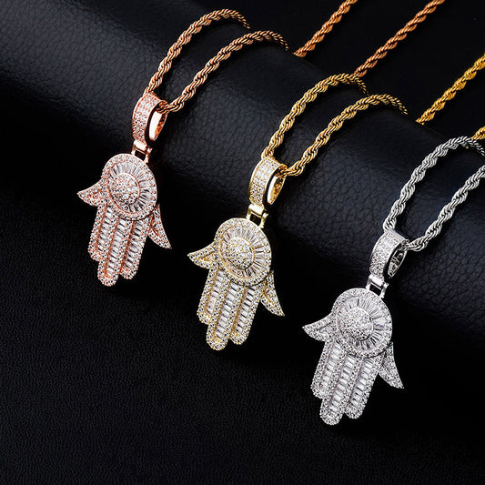 Rose Gold Baguette Iced Out Hamsa Hand Pendant