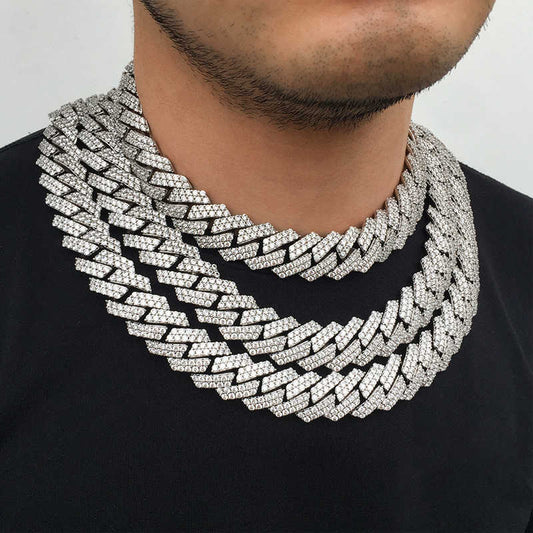 19MM White Gold Plated Prong Iced Out Cuban Link Chain Necklace