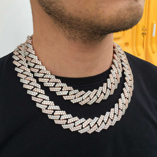 19MM 2 Tone Plated Prong Iced Out Cuban Link Chain Necklace