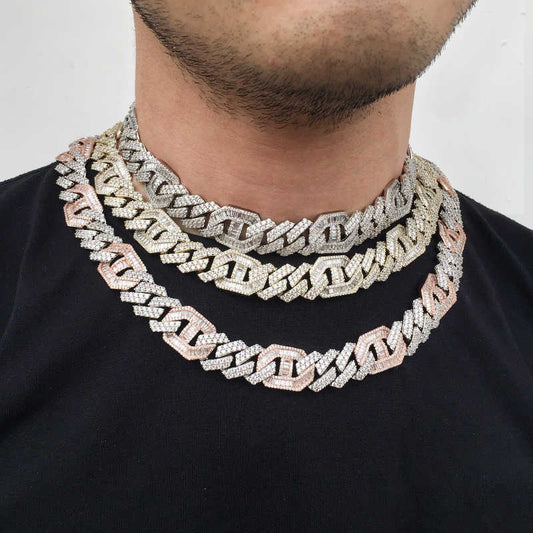 15MM White Gold Plated Iced out Baguette Cuban Link Chain Necklace