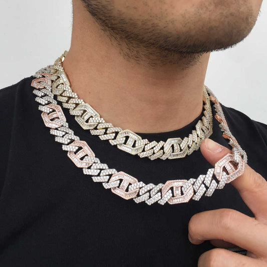 15MM 2 Tone Plated Iced out Baguette Cuban Link Chain Necklace