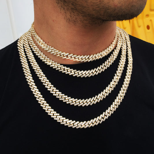 9MM 14K Gold Plated Iced Out Prong S Link Cuban Link Chain Necklace