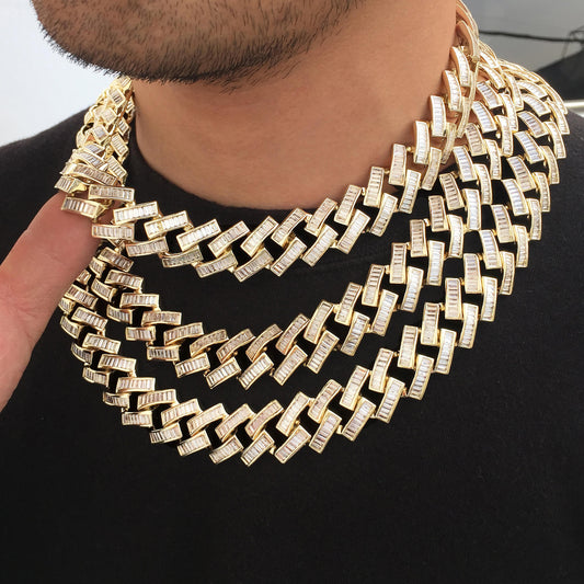 19MM 14K Gold Plated Iced Out Baguette Cuban Link Chain Necklace