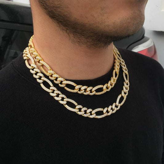 Hip Hop 12MM 18K Gold Plated Bling Iced Out Figaro link Chain Necklace