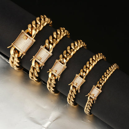 18K Gold Plated Solid Stainless Steel Iced Out Miami Cuban Link Bracelet For Men TRIPOD JEWELRY