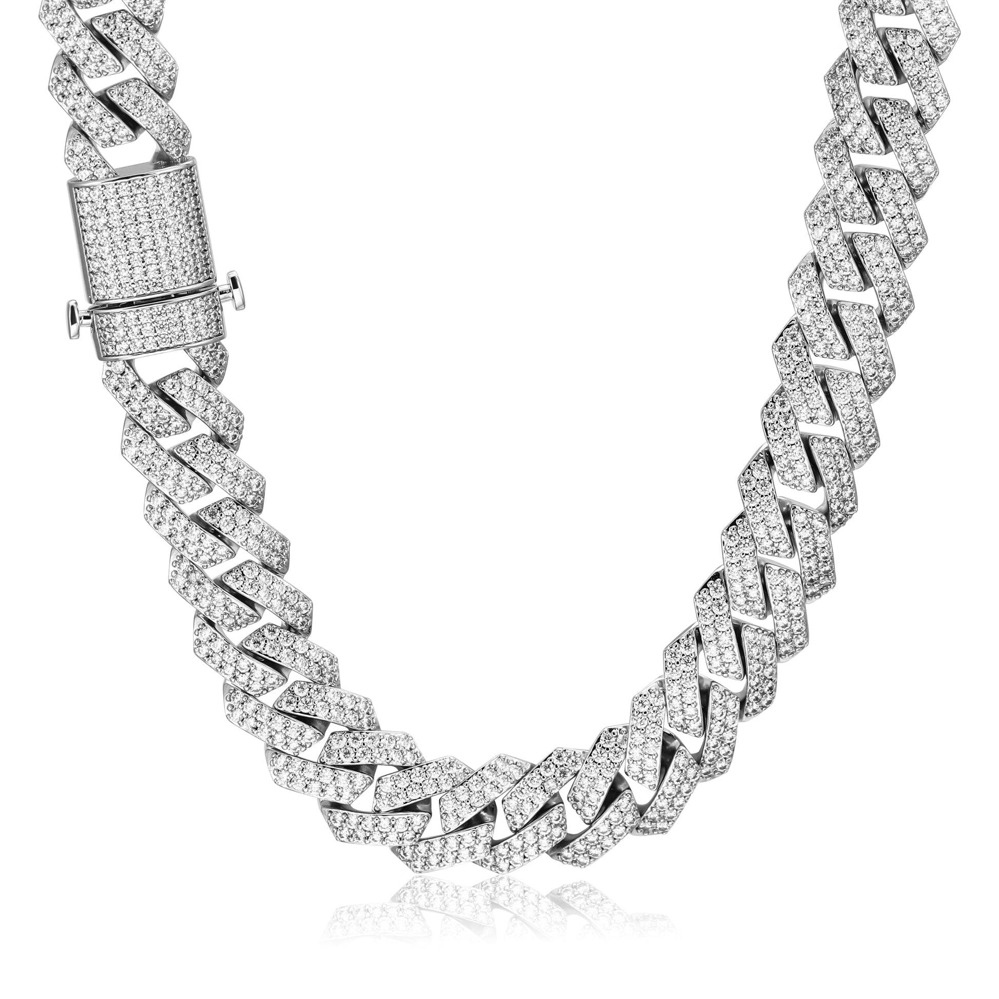 15MM White Gold Prong Diamond Cuban Link Chain Necklace Tripodjewelry