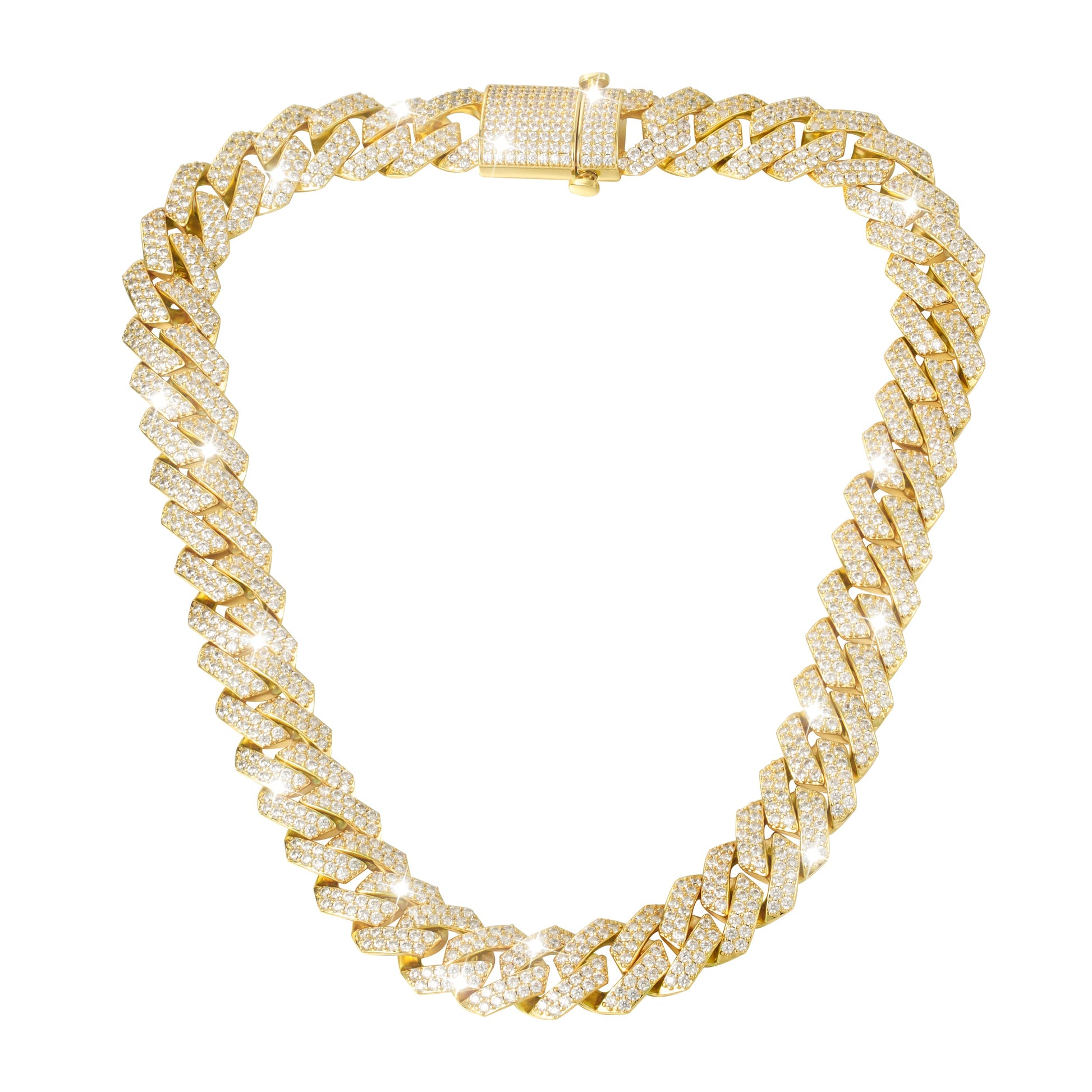 15MM 18K Gold Prong Diamond Cuban Link Chain Necklace Tripodjewelry