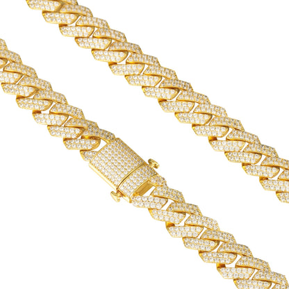 15MM 18K Gold Prong Diamond Cuban Link Chain Necklace Tripodjewelry