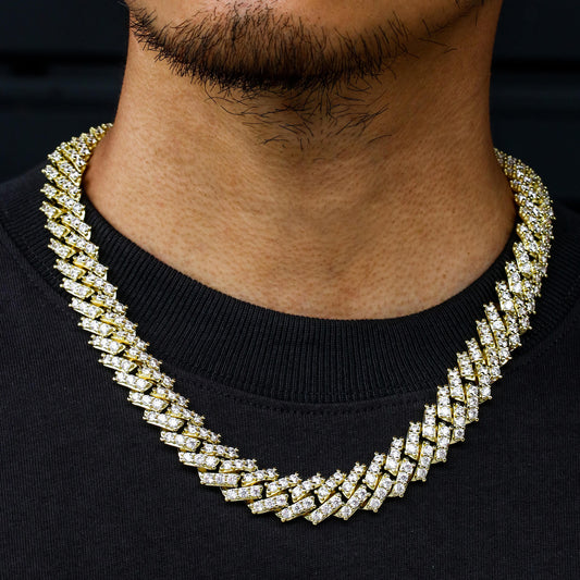 15MM 14K Gold Plated Simulated Iced Out S Link Prong Chain Necklace