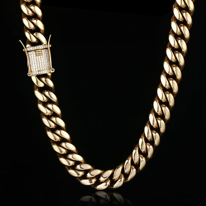 18MM 14K Gold Plated  Stainless Steel Iced Out Miami Cuban Link Chain Necklace