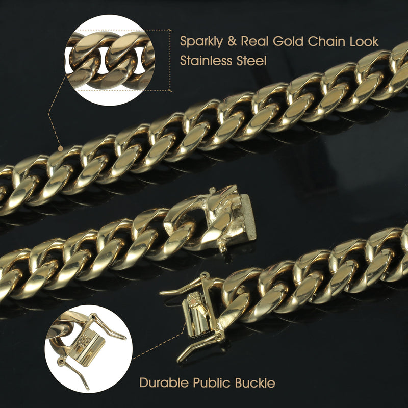 14MM 14K Gold Plated Stainless Steel Miami Cuban Link Chain Necklace