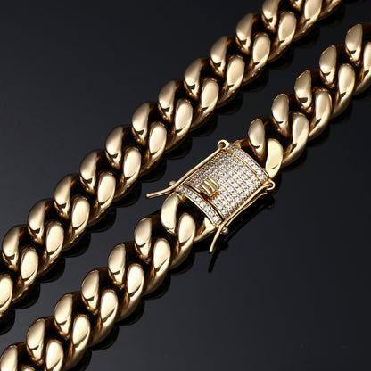 18MM 14K Gold Plated  Stainless Steel Iced Out Miami Cuban Link Chain Necklace