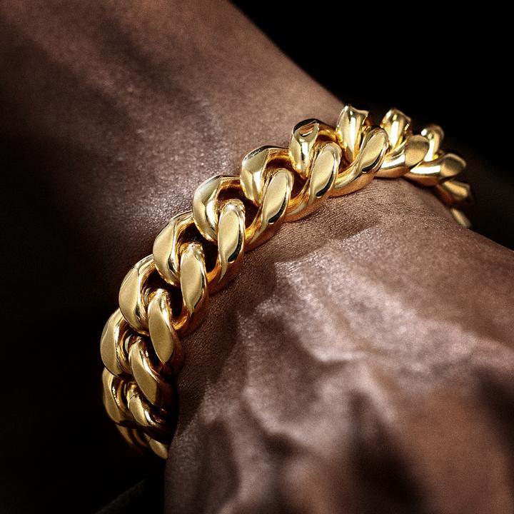 18K Gold Plated Solid Stainless Steel Iced Out Miami Cuban Link Bracelet For Men TRIPOD JEWELRY