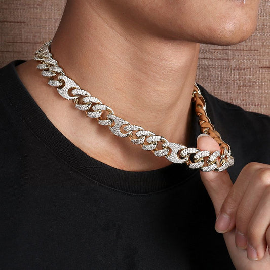 15MM 14K Gold Plated Iced Out Cuban Link Chain Necklace