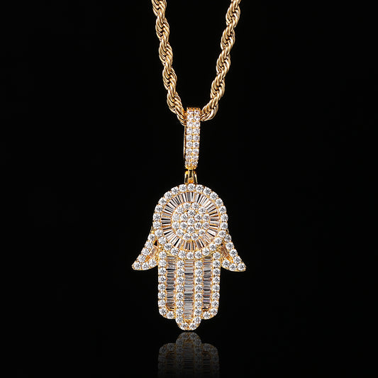 18K Gold Baguette Iced Out Hamsa Hand Pendant