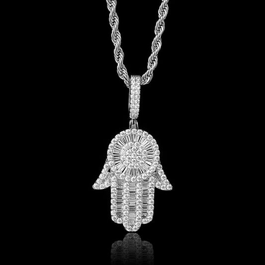 White Gold Baguette Iced Out Hamsa Hand Pendant