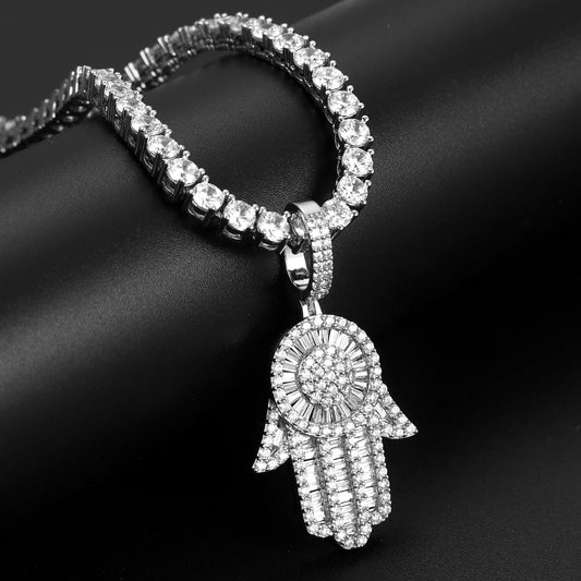 White Gold Baguette Iced Out Hamsa Hand Pendant