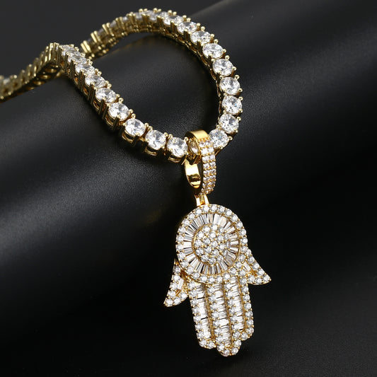 18K Gold Baguette Iced Out Hamsa Hand Pendant