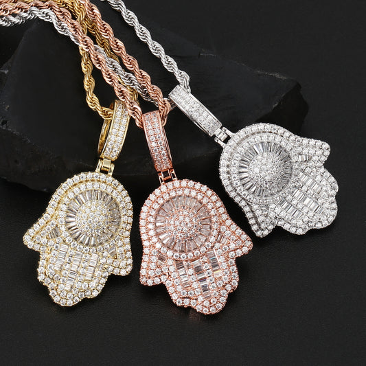 Rose Gold Baguette Iced OutHamsa Hand Pendant