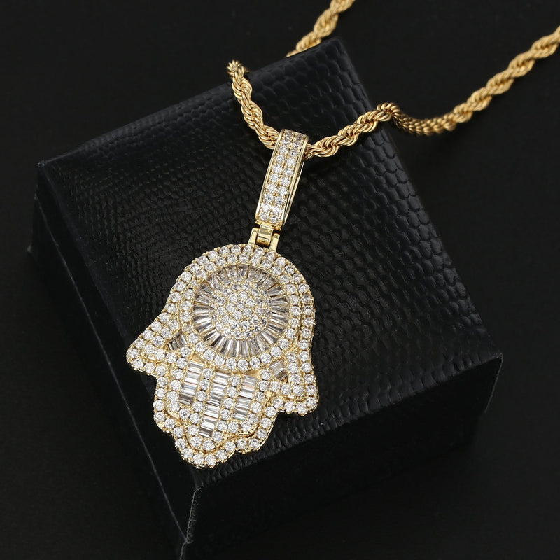 18K Gold Baguette Iced Out Hamsa Hand Pendant