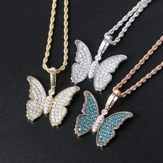 14K/White/Rose Gold Plated Iced Out Butterfly Pendant