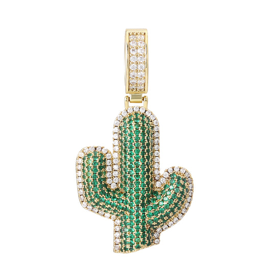 18K Gold Diamond Cactus Pendant