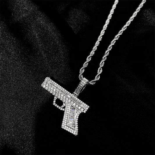 White Gold Iced Hip Hop Gun Pendant