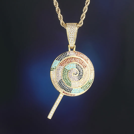 14K Gold Iced Out Multicolor Lollipop Pendant