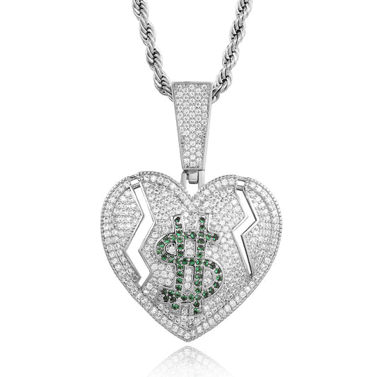 White Gold Iced Out Broken Heart and Dollar Pendant