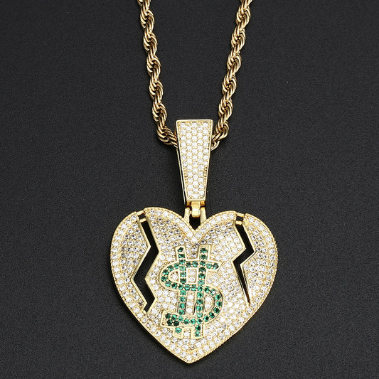 14K Gold Iced Out Broken Heart and Dollar Pendant