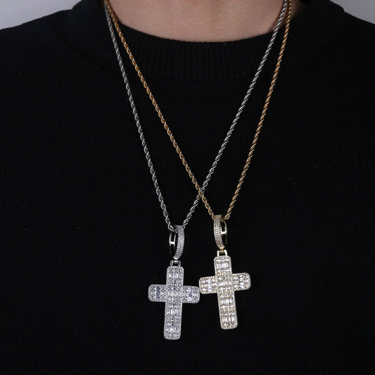 White Gold Iced Baguette Cross Pendant